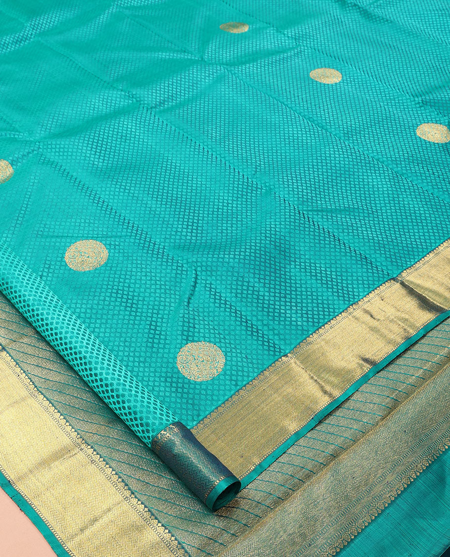 Blue Embossed Parampara Silk Saree, Features Zari Buttas, a Zari Border of Thilakam, Muthu, and Vanki Designs, Grand Pallu, and a Matching Blouse