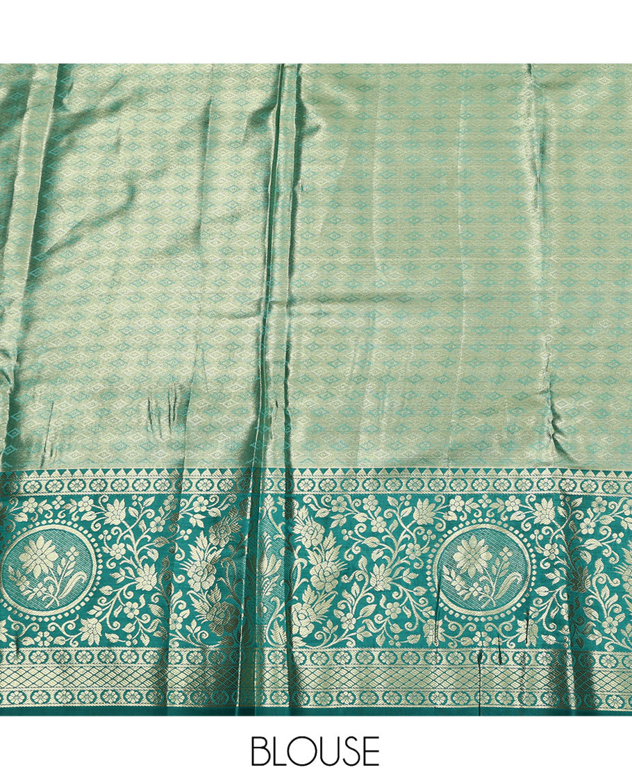 Orange Art Silk Half-Saree, Richly Detailed with Jacquard Design, Contrast Intricate Motif Border, Paired with a Contrast Jacquard Blouse, and an Intricate Dhavani