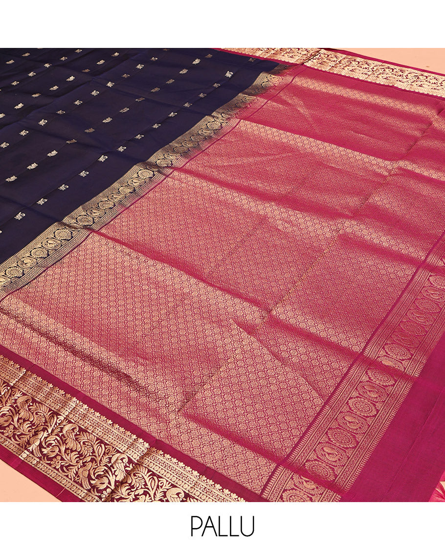 Blue Mayuri Lite Silk Mix Saree, Adorned with Zari Buttas, Complemented by Contrast Border of Salngai, Cross Neli, Rudraksham, and Mayil, Grand Pallu and a Contrast Blouse