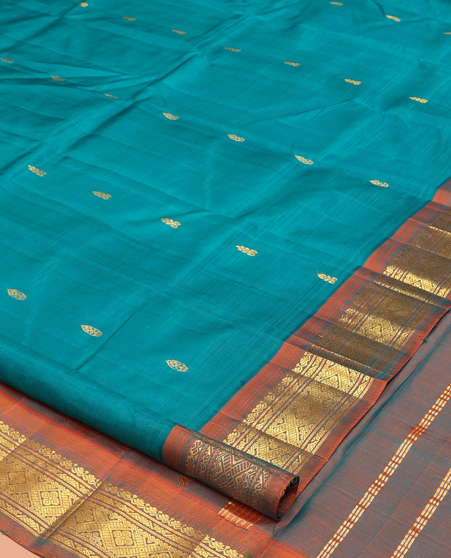 Blue Kanchipuram Silk Saree, Adorned with Zari Buttas, a Contrast One-Sided Zari Border, Zari Striped Pallu, and No Blouse