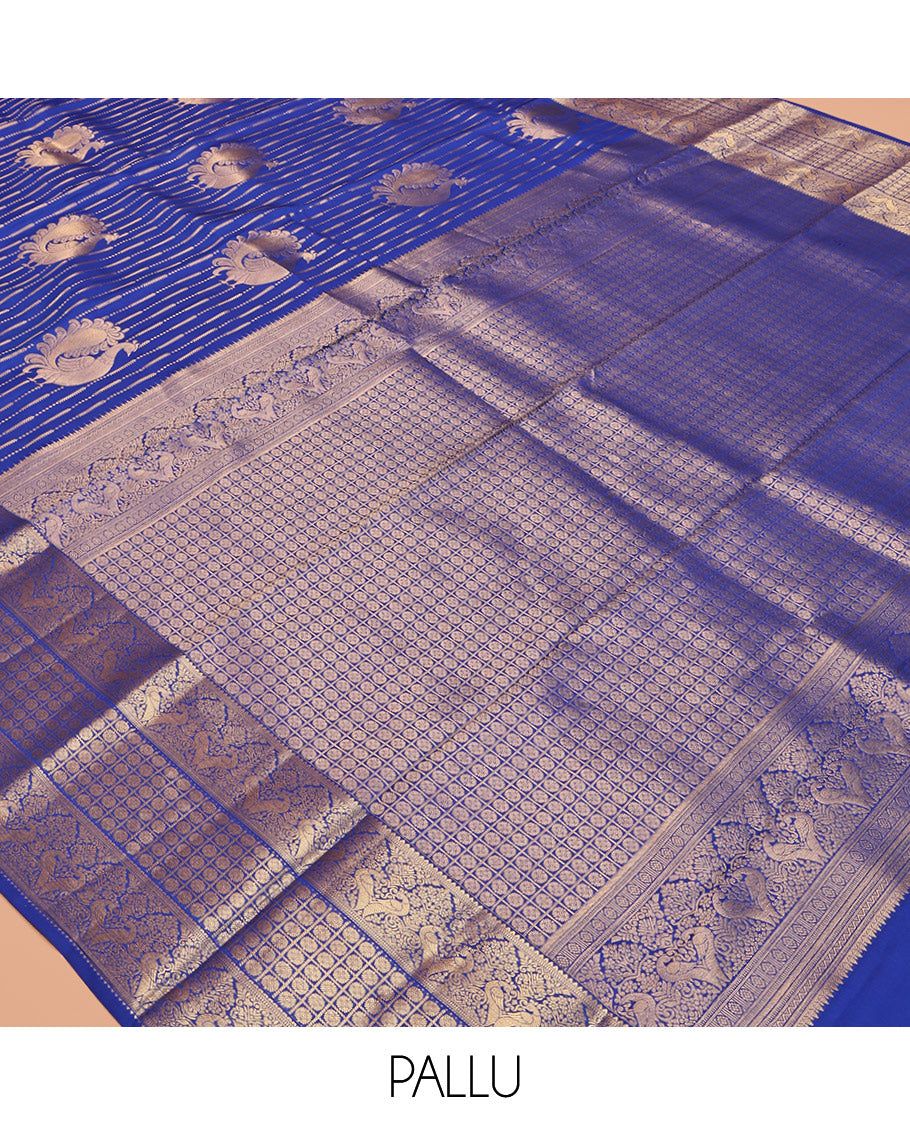 Blue Vasundhara Lite-Silk Mix Saree Featuring Zari Buttas and Stripes, Highlighted by Zari Border of Kamalam and Kili Designs, Butta-Enclosed Checked Pallu, and a Matching Blouse