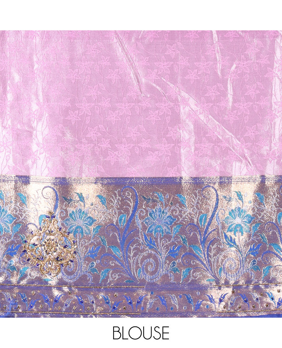Lavender and Blue Half-Saree Set, Subtly Sparkled with Floral Vine Design on Its Banarasi Skirt, Complemented by Contrast Meenakari Floral Design with Embroidered Border, Matching Blouse, and Paired with a Banaras Dupatta
