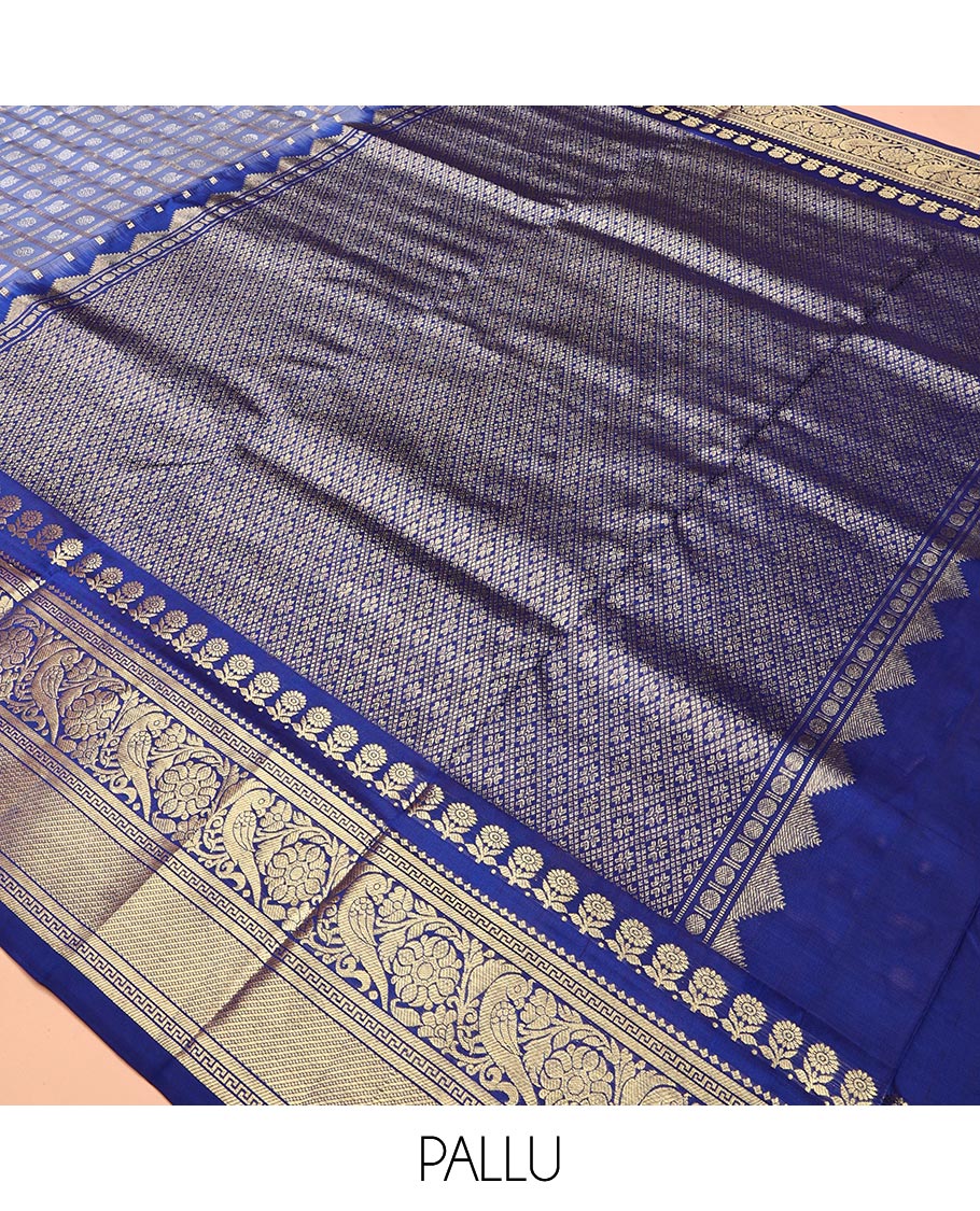 Blue Peacock Chakra Buttas-Checked Venkatagiri Silk Saree, a Contrast Traditional Border, Contrast Blouse