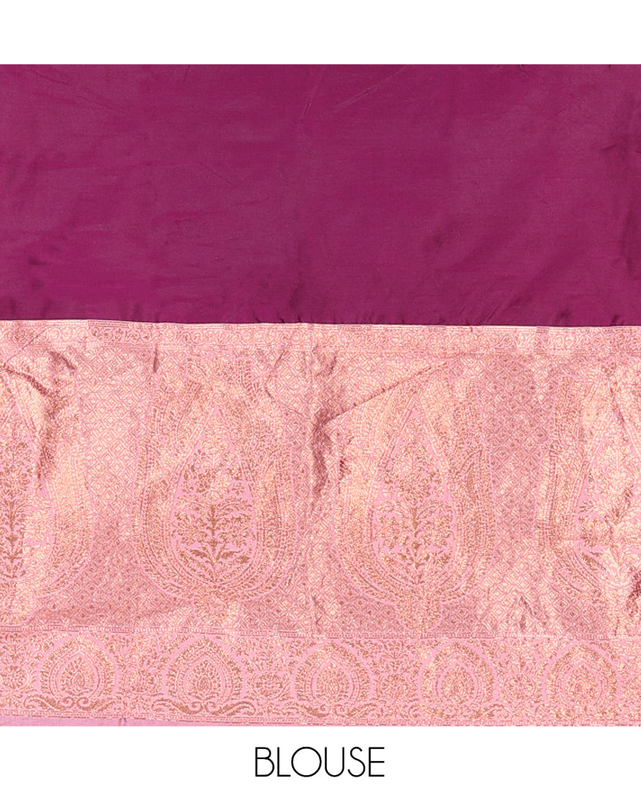 Purple Semi-Banaras Half-Saree, Plain Contrast Intricate-Bordered Skirt, Matching Blouse, Contrast Dhavani