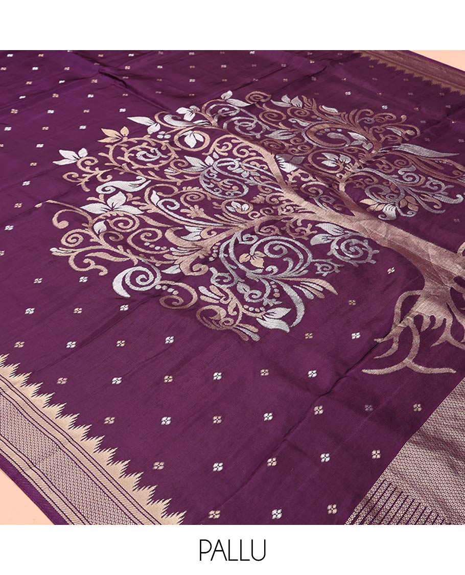 Dark Purple HO Silk Saree, Elevated with Zari Buttas All Over Its Body, Highlighted by Temple Border of Diamond Patterns, Pallu Artfully Woven with Tree of Life Design, and Paired with a Matching Blouse