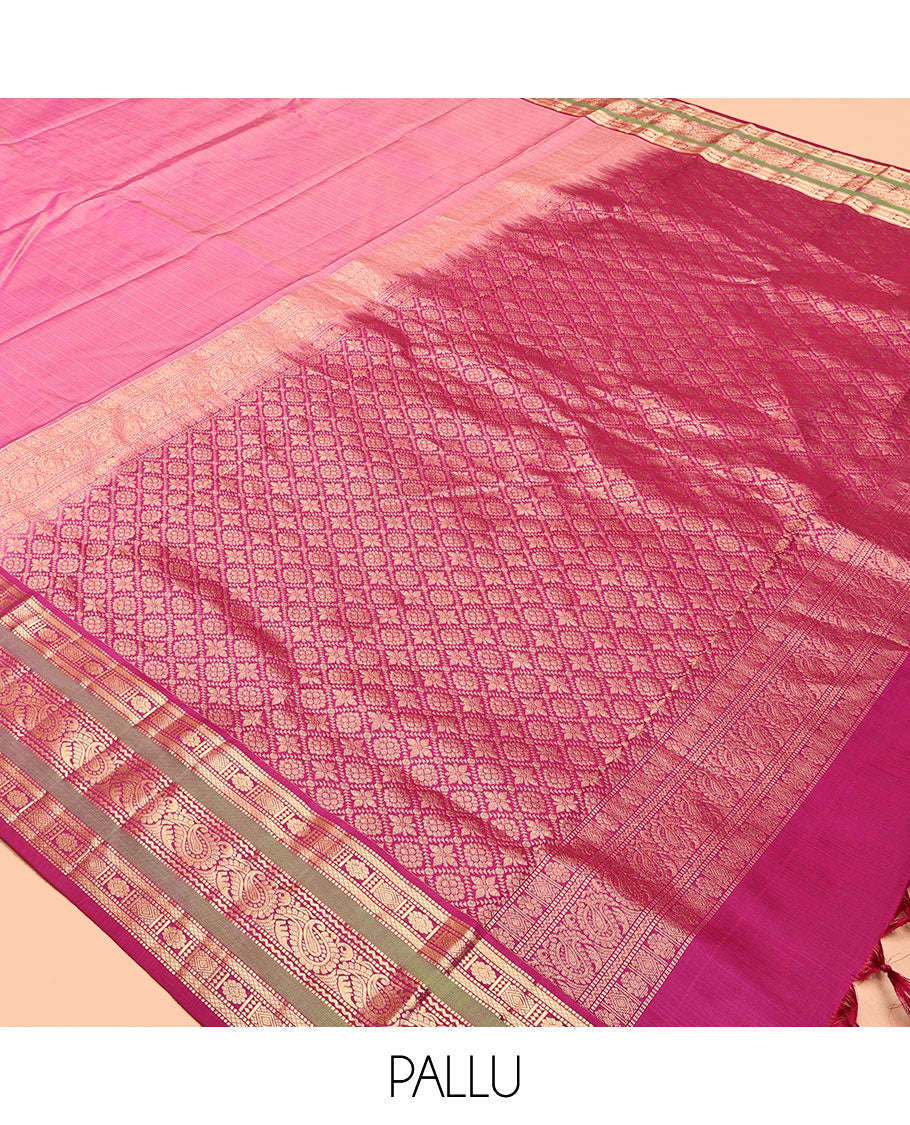 Onion Pink Striped Vasundhara Silk Saree, Contrast Border of Muthu, Mayil Kann, Kamalam, and Manga, Jaal Pallu, a Contrast Blouse