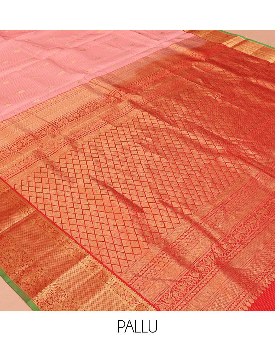 Pink Vasundhara Silk Saree, Decked Up with Zari Buttas and Stripes All Over Its Body, Complemented by a Contrast Border of Rekku, Kodi Visiry, Jaal, and Mayil Designs, Grand Jaal Pallu, and Paired with a Contrast Blouse