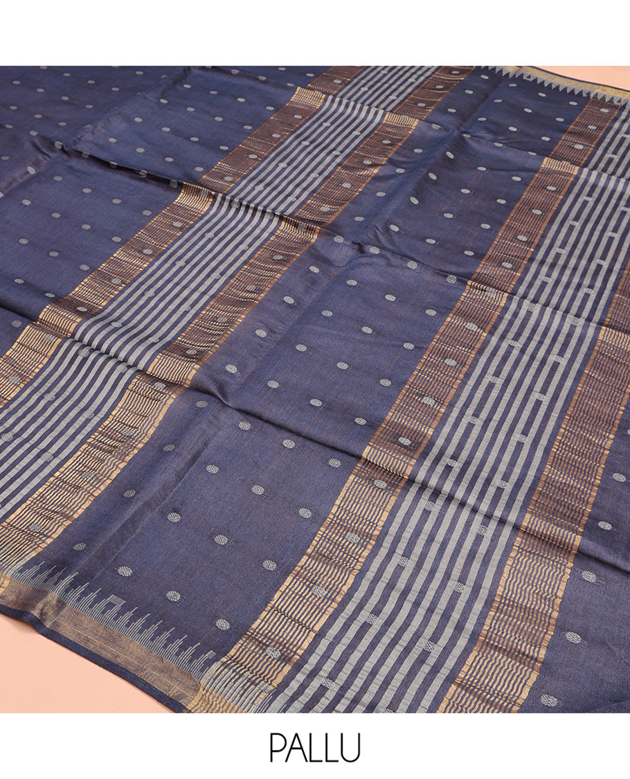 Grey Tussar Saree, Adorned with Rudraksha Motifs, a Subtle Temple Zari Border, Pallu of Stripes and Buttas, and a Matching Blouse