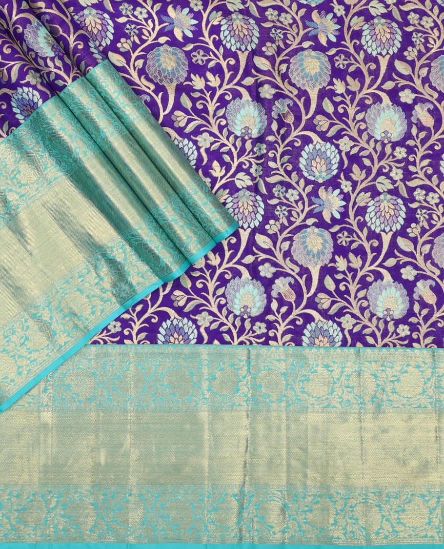 Violet floral jacquard silk half saree with contrast border of thilakam mokku, kodi visiry, banaras design, zari design blouse & floral design dhavani