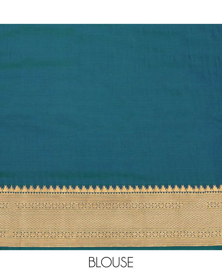 Blue Budget Silk Saree, Elegantly Detailed with Peacock-Chakram Butta Enclosed Checks All Over Its Body, Highlighted by a Temple Zari Border of Traditional Designs, Pallu Depicts Mughal-Style Designs, and Paired with a Matching Blouse