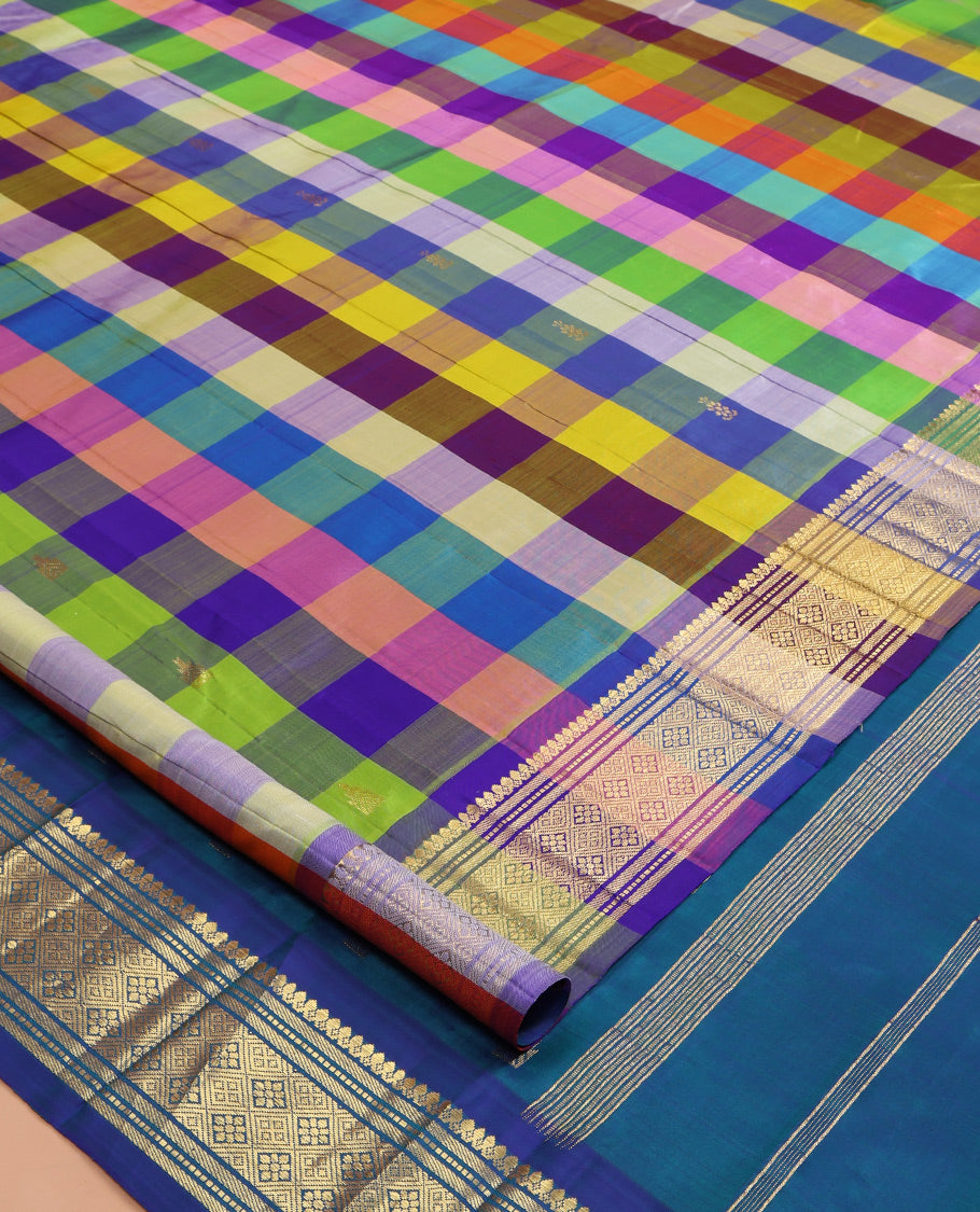 Multi-Color Palum Pazhamum Checked Kanchipuram Silk Saree, Woven with Zari Buttas, Zari One-sided Border of Thilakam Mokku, Banaras, Muthu, and Jaal Design, Zari Woven Pallu, and No Blouse