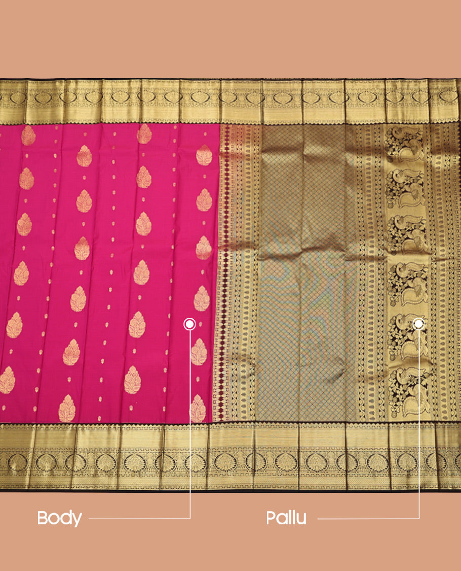 Pink Budget Silk Saree, Graced with Zari Buttas, Complemented by a Contrast Traditional Zari Border, Grand Pallu, and a Contrast Blouse