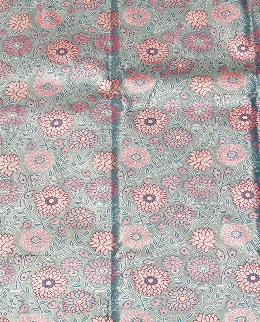 Blue Art Silk Material Half Saree Set, Embellished with Floral Jacquard Design Skirt, a Contrast Floral Design Border, Contrast Blouse, and an Intricate Dhavani