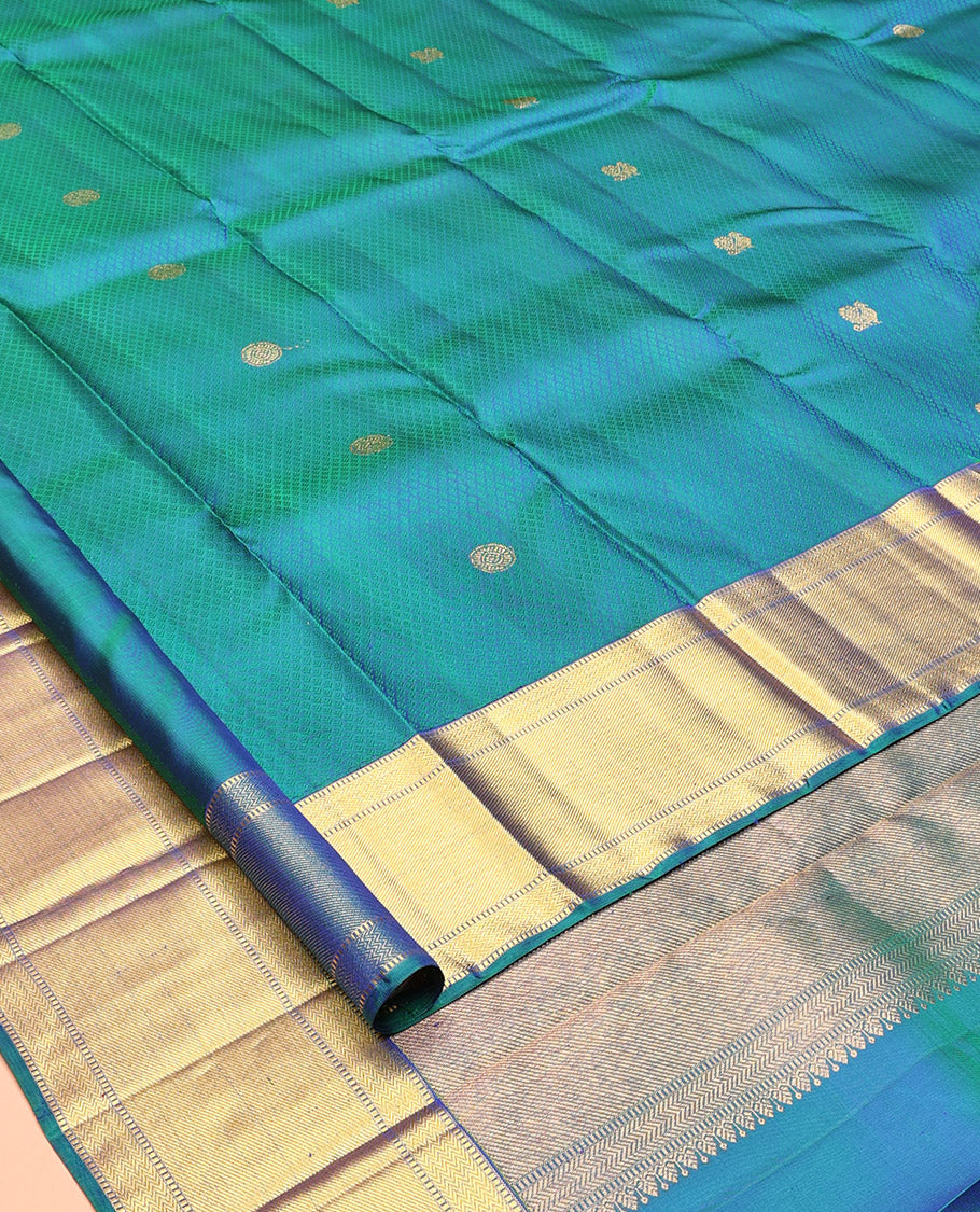 Blue Embossed-Mayil Chakram Buttas Kanchipuram Silk Saree, a Zari Border, Grand Pallu, Matching Blouse