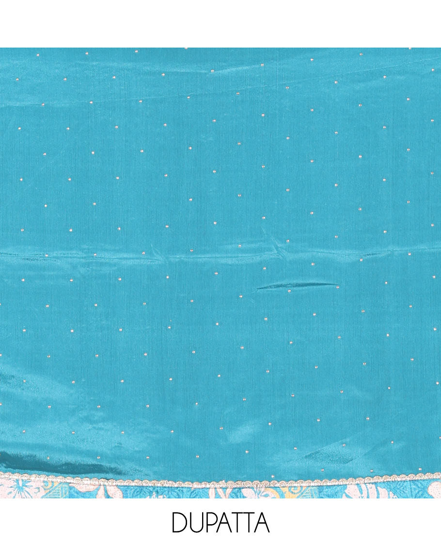 Blue Material Chudidar Set Embellished with Floral-Geometric Printed with Neck Embroidered Chinon Top, Subtly Made Plain Santoon Bottom, and a Chinon Dupatta Featuring Printed Border, and Glitter Dots