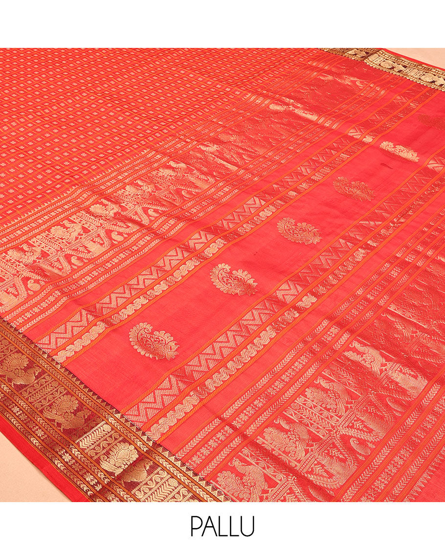 Red Buttas-Checks Kuppadam Silk Saree, a Semi-Contrast Traditional Peacock Border, Grand Pallu, a Matching Blouse
