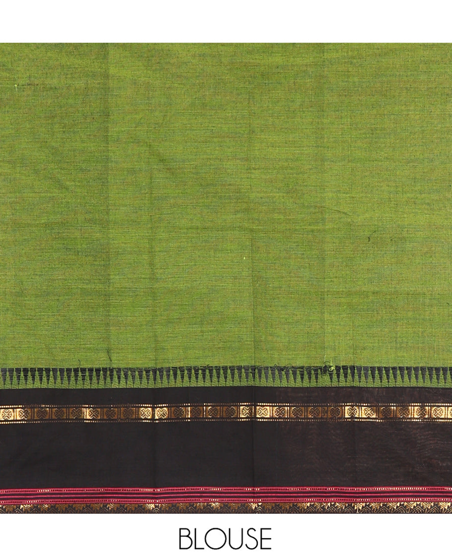 Green-Magenta Chettinad Cotton Half-Saree Featuring Plain Skirt, Contrast Temple Rettai Pettu Border, Matching Blouse, Syska Georgette Dhavani