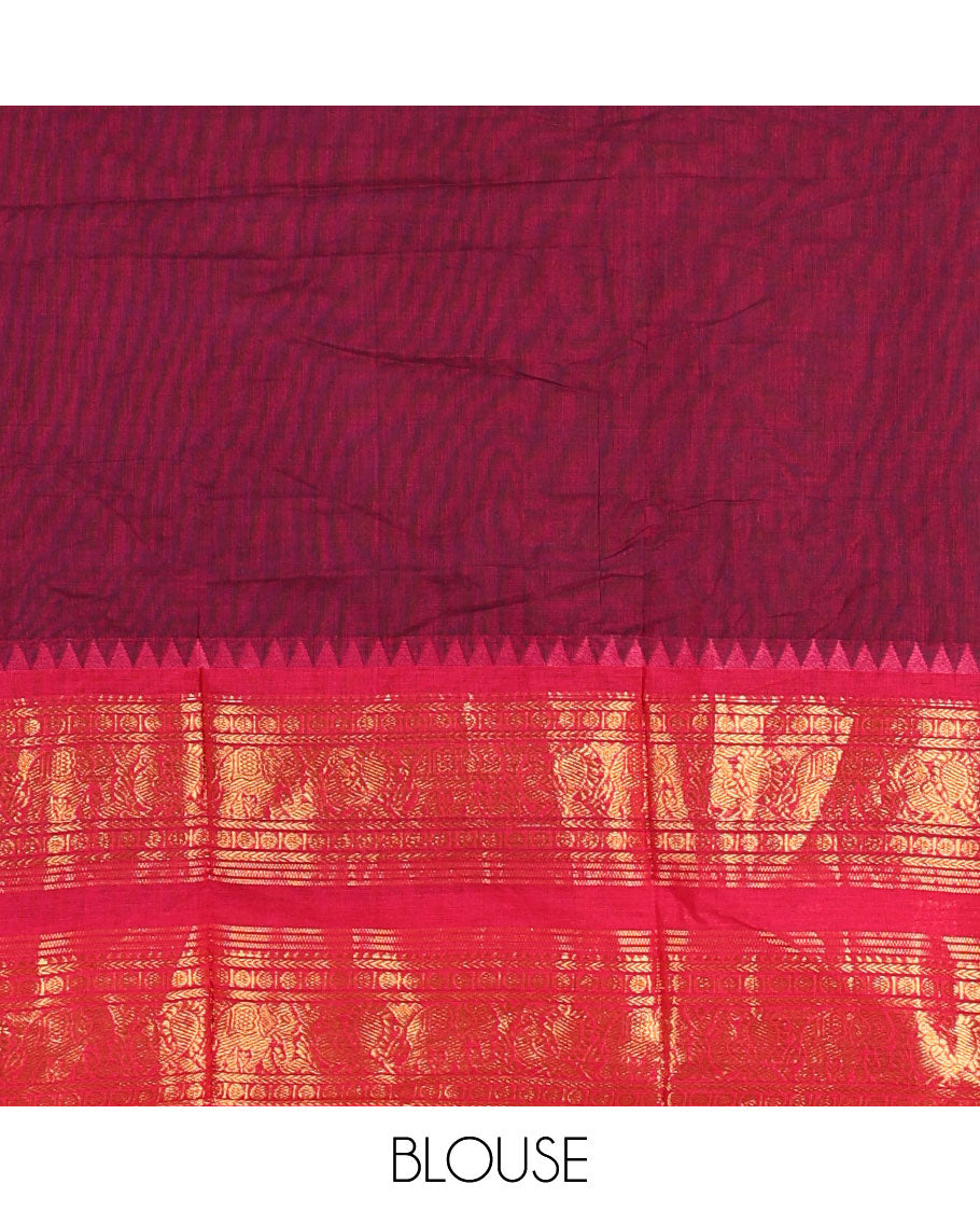 Magenta-pink sungudi cotton half-saree, plain with contrast traditional zari varisai pettu bordered skirt, a matching blouse, and a zari bordered dhavani