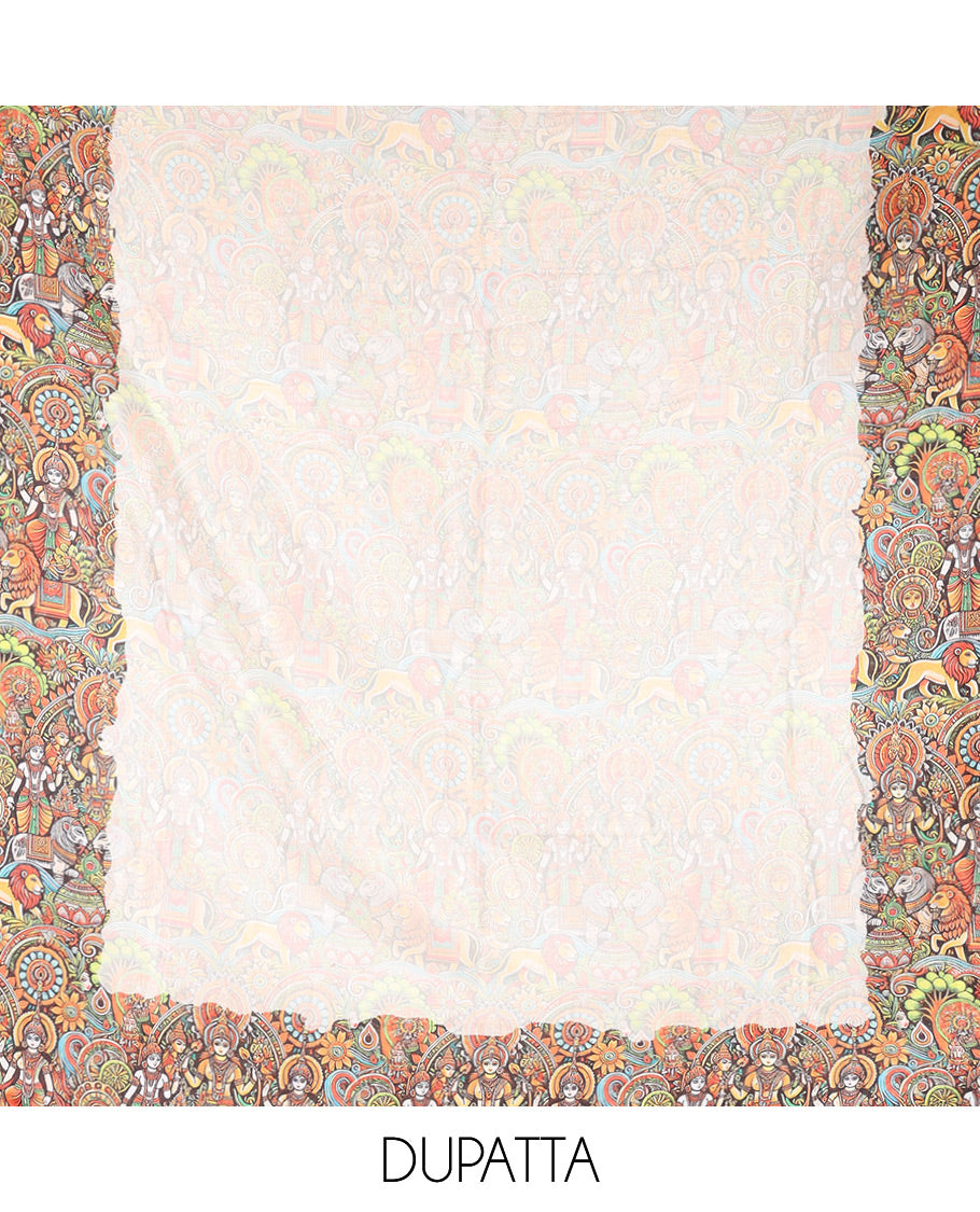 Cream Semi-Silk Material Chudidar, Goddess Durga-Theme Printed Top, Santoon Bottom, and Printed Dupatta