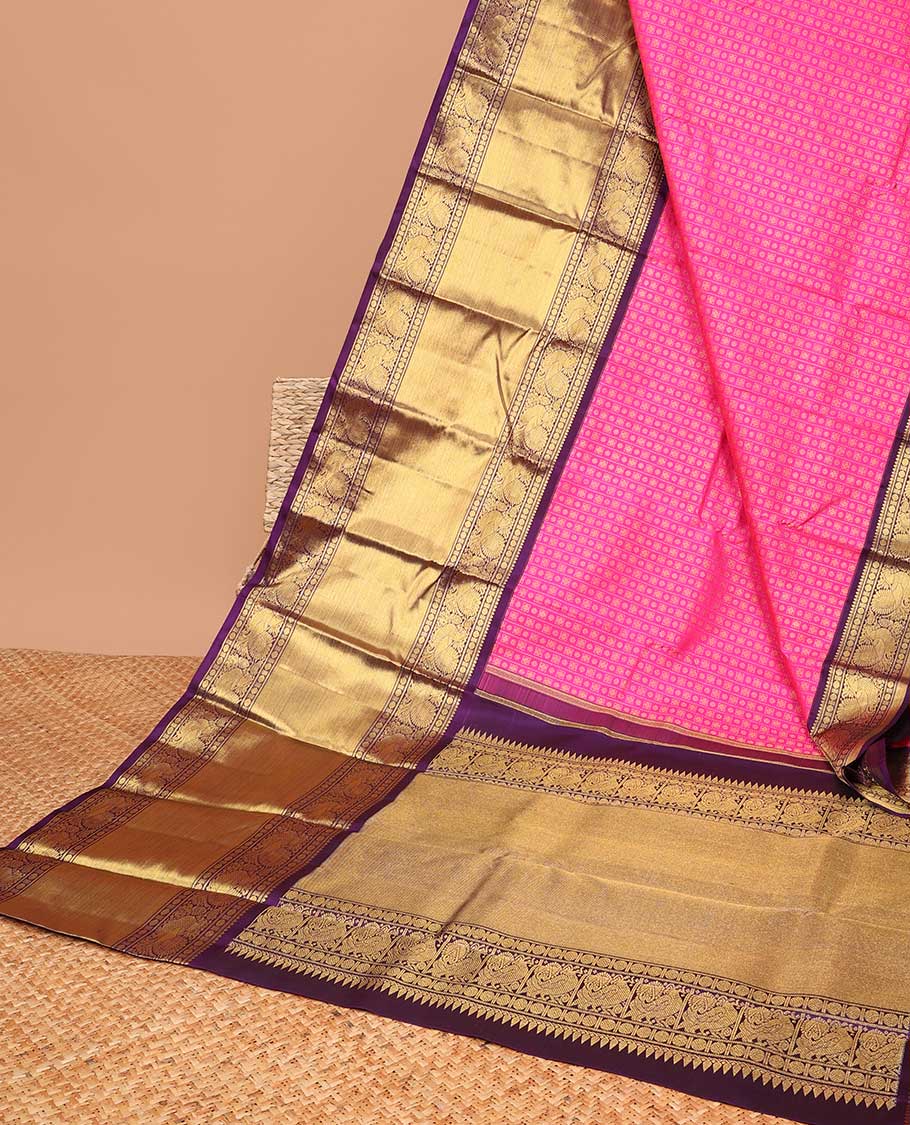Pink striped, floral buttas samudrika silk saree with contrast border of rekku, mayil, paun, banaras design & zari design pallu
