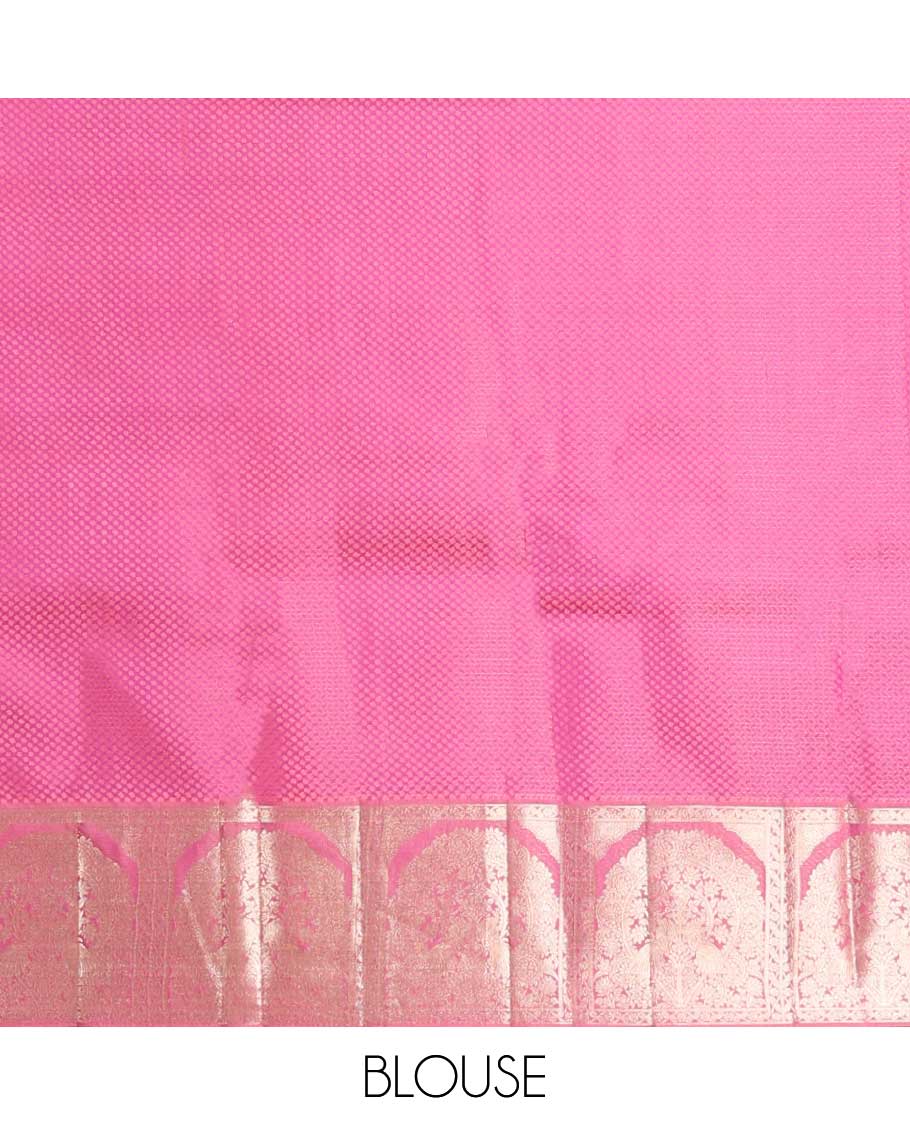 Pink floral jacquard kancheepuram silk saree with self floral intricate border &striped, floral design pallu