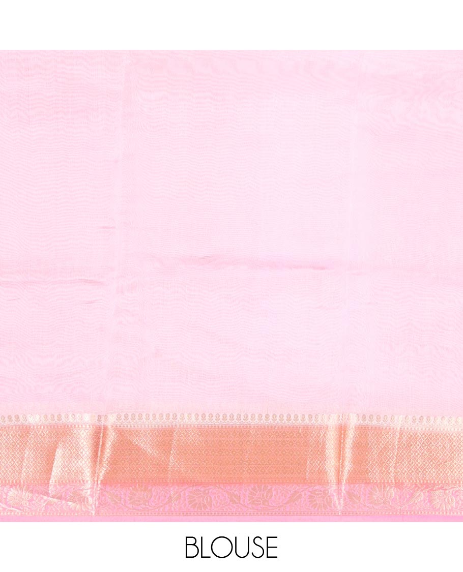 Pink Dupion Silk Saree, Elevated with Rangkat-Style Mughal Designs, a Contrast Traditional Zari Border, Ogee Pallu, and a Contrast Blouse