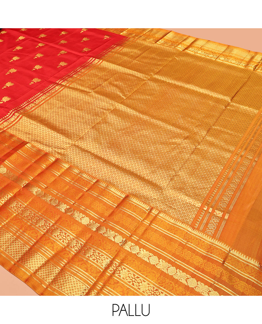 Red Venkatagiri Silk Saree, Mesmerized with Pichwai Lotus Buttas All Over Its Body, Complemented by a Contrast Traditional Zari Design Border, Pallu of Jaal Designs, and Paired with a Contrast Blouse