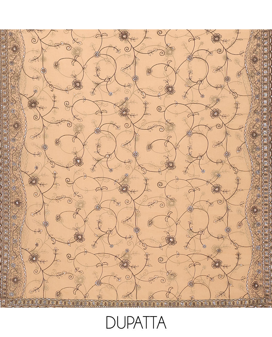 Golden Material Chudidar Set Adorned with Embroidered Organza Chiffon Top, Subtly Made Plain Santoon Bottom, and a Organza Dupatta Featuring Floral Jaal Embroidery