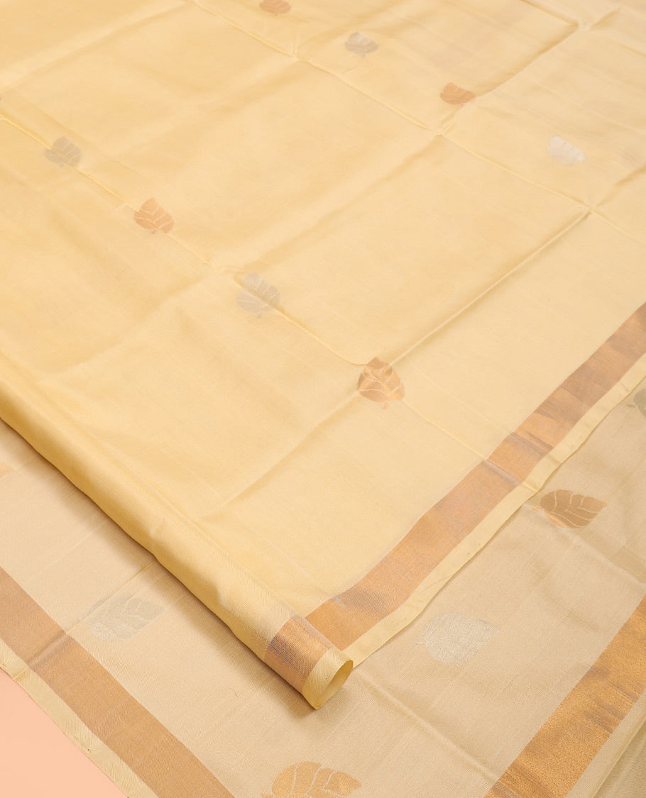 Yellow Uppada Silk Saree, Adorned with Leaf Zari Buttas, a Bavanji Border, Leaf Woven Pallu, and a Matching Blouse