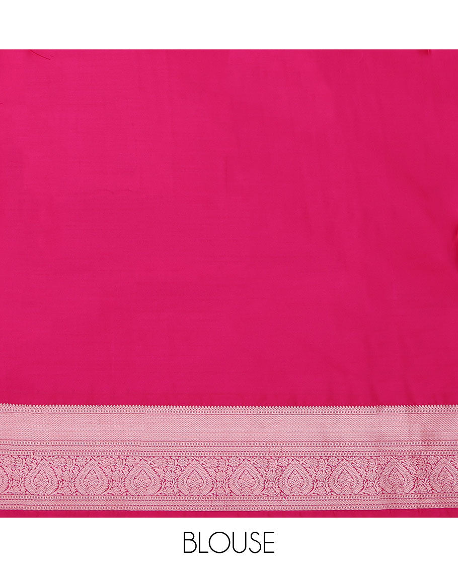 Orange Budget Silk Saree, Spotlighted with Micro-Buttas on Its Body, Complemented by a Contrast Traditional Zari Design Border, Grand Jaal Pallu, and Paired with a Contrast Blouse