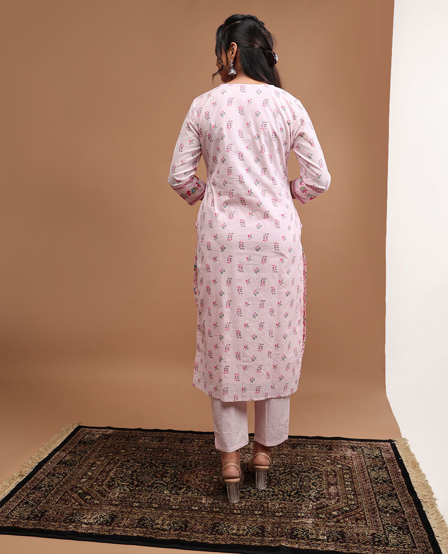 baby pink floral design round neck, 3/4 th sleeve,below knee lenght top with straight pants & floral printed dupatta