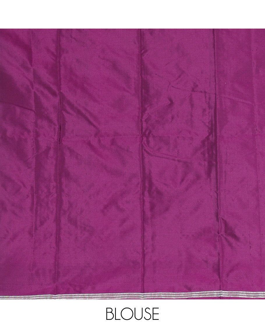 Purple half-saree, buttas with self-bordered taffeta silk skirt, a plain blouse, and a contrast bordered satin georgette dhavani