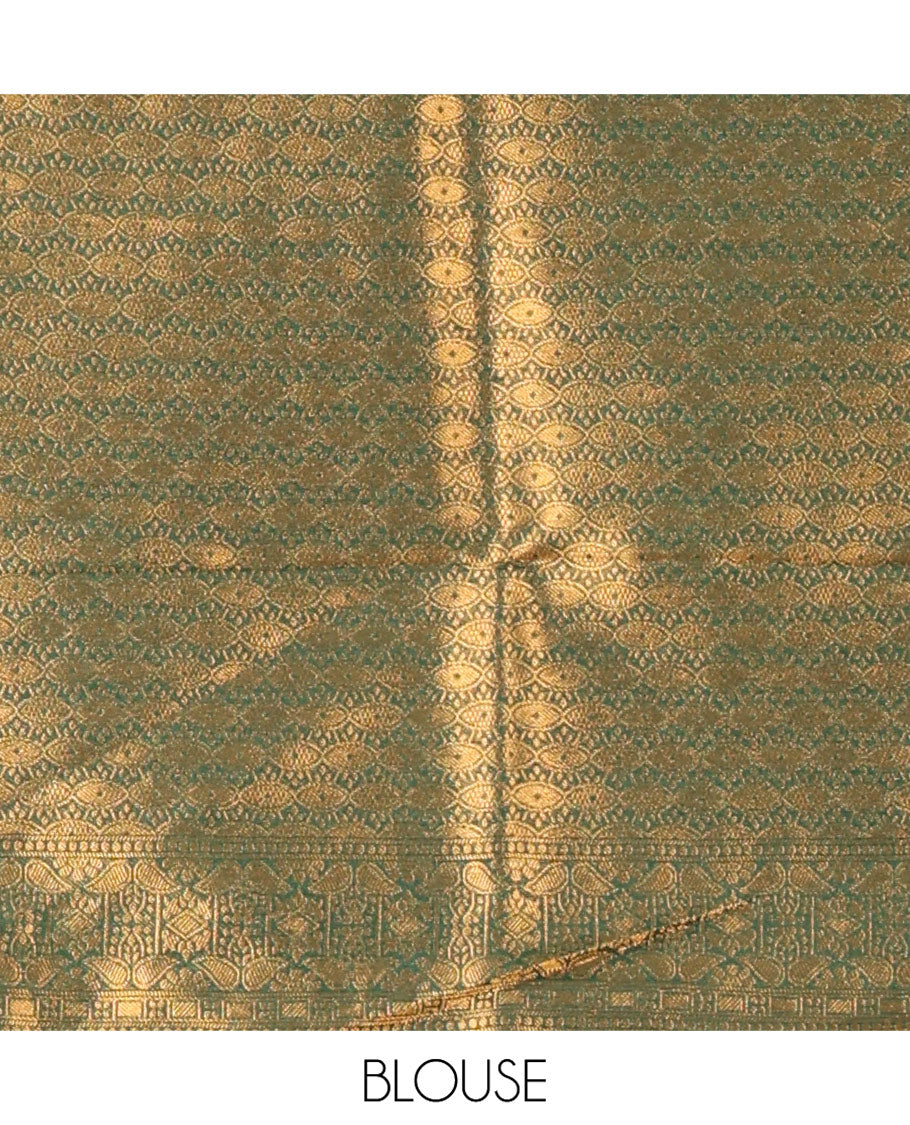 Cream-Leaf Green Banarasi Softy Half-Saree, Adorned with Jacquard, Contrast Traditional Border, Jacquard Blouse, Intricate Dhavani
