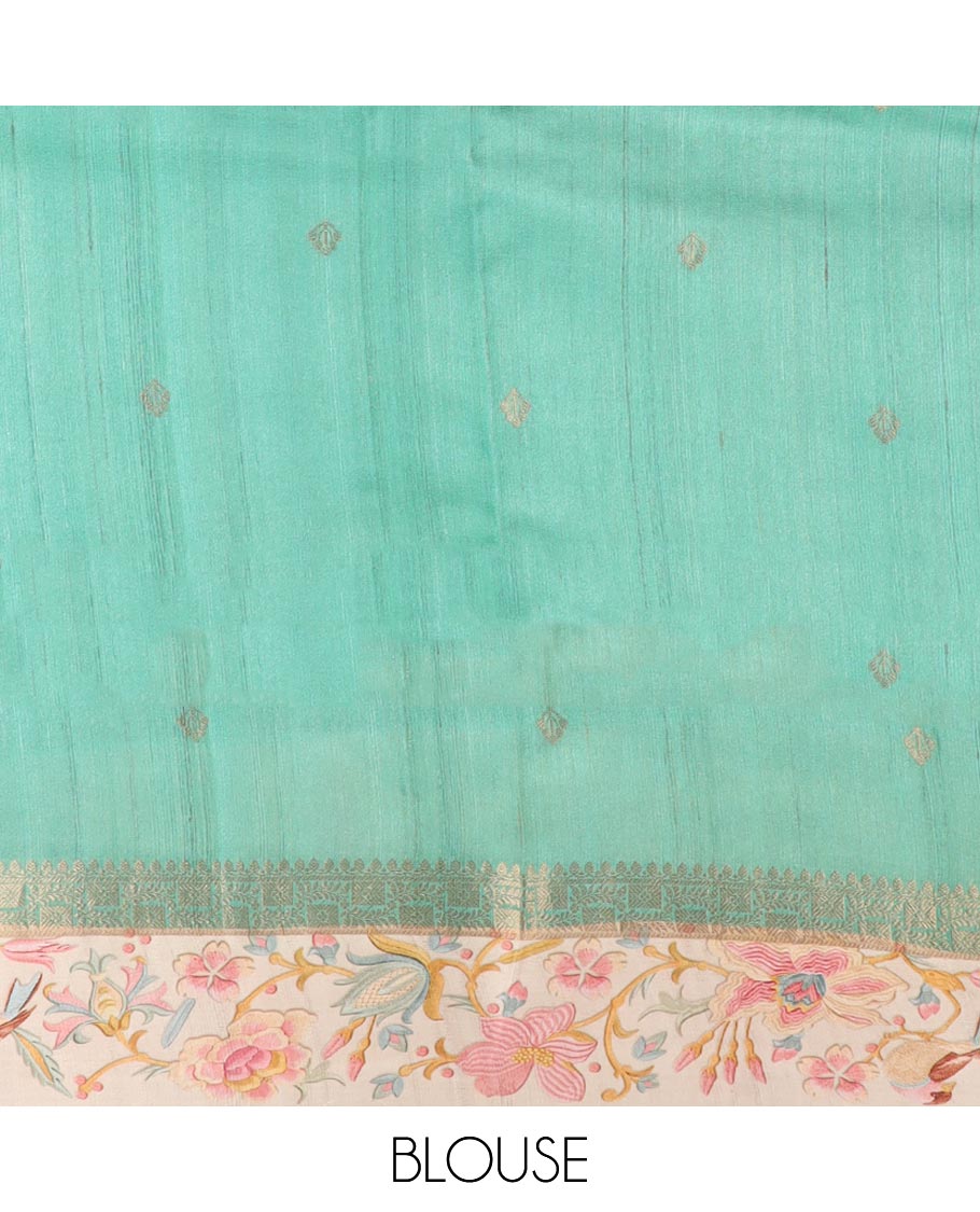 Blue motifs, abstract design tussar saree with contrast floral design border & checked design pallu