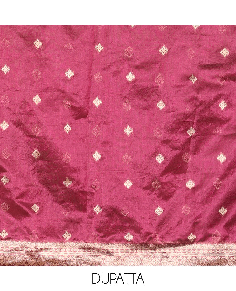 Dark magenta chudidhar matrial vichitra silk neck zari border with bum bum work , santoon material pants & organza banarasi zari border, zari buttas dupatta