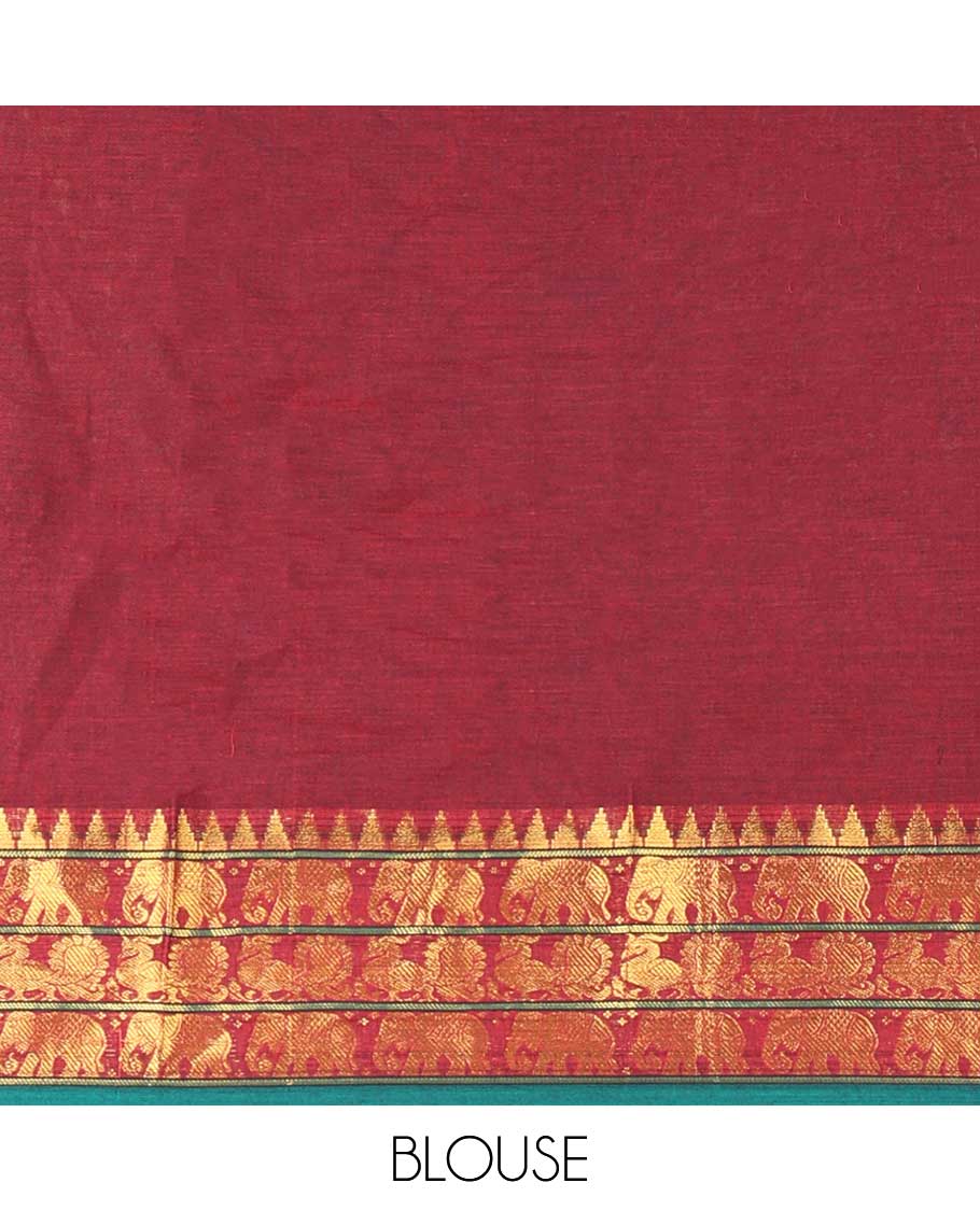 Maroon mercerised cotton daman zari border half saree with cotton blouse & skya georgette one side zari border