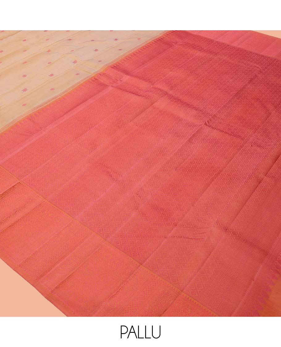 Sandal Kanchipuram Silk Saree, Styled with Mayil-Chakram Buttas, Complemented by a Contrast Traditional Thread Woven Border, Jaal Pallu, and a Contrast Blouse