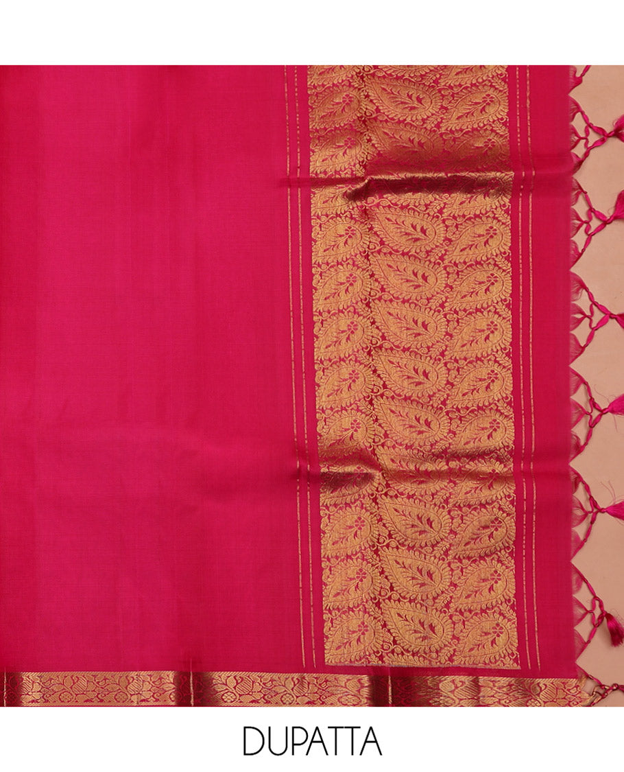 Orange Pure Silk Half-Saree, Steeped in Richness of Zari Stripes on Its Skirt, Complemented by a Contrast Border of Rekku, Muthu, Kathir, Diamond, and Mayil Designs, Comes with a Contrast Jacquard Blouse and a Dhavani of Intricate Designs