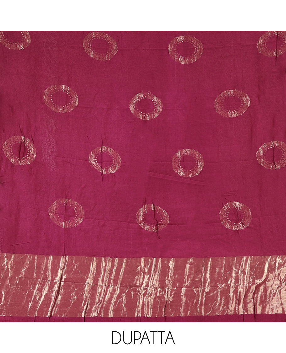 Wine Mul Chanderi Material Chudidar Set, Subtly Sparkled with Buttas Top, a Matching Bottom, and a Circle Motif Woven Dupatta
