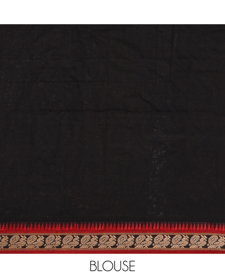 Black-red mercerised cotton half-saree, plain & contrast temple & peacock border skirt, matching blouse & contrast syska georgette dhavani