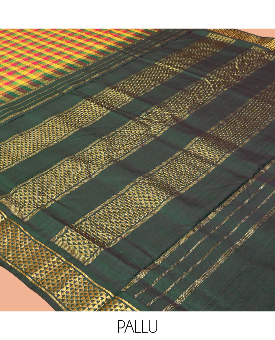 Multi-Color Palum Pazhamum Kattam Nine-Yard Silk Saree, Complemented by a Contrast Korvai Ara Maadam Border, Ara Maadam Pallu, and No Blouse