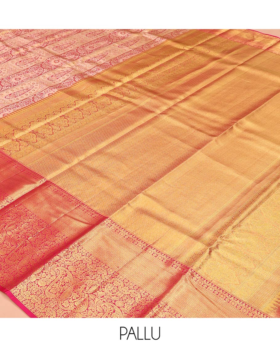 Pink Kanchipuram Tissue Silk Saree, Embellished with Jacquard Designs on Its Body, Complemented by a Contrast Border of Manga and Jaal Designs, Intricately Designed Pallu, and Paired with a Contrast Blouse