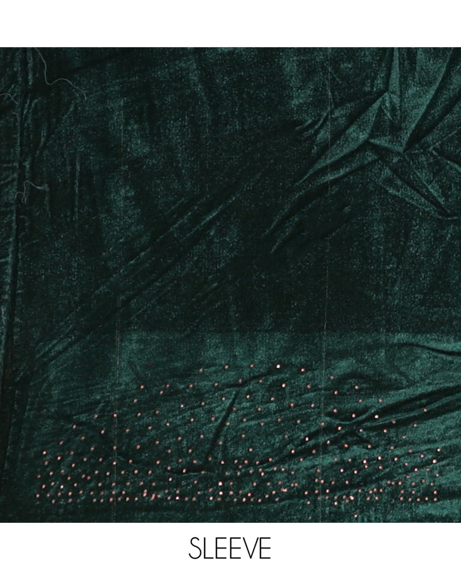 Green Velvet Half-Saree Features Swarovski Stonework Skirt, Matching Stonework Blouse, Contrast Net Dhavani