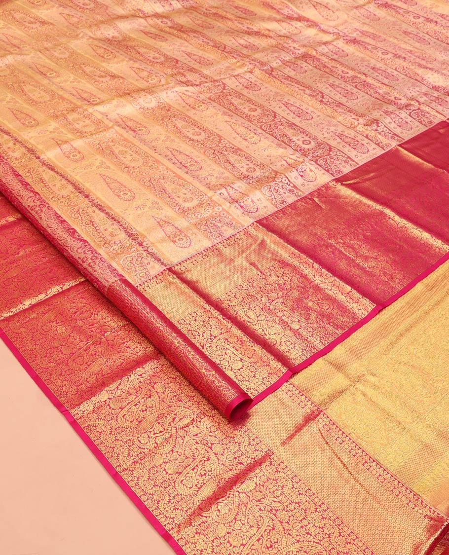 Pink Kanchipuram Tissue Silk Saree, Embellished with Jacquard Designs on Its Body, Complemented by a Contrast Border of Manga and Jaal Designs, Intricately Designed Pallu, and Paired with a Contrast Blouse