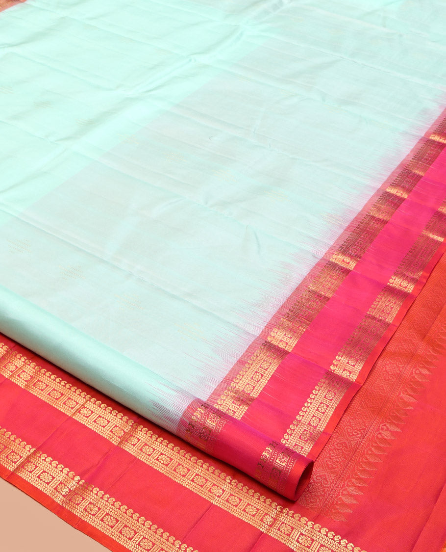 Light Turquoise Plain Kanchipuram Silk Saree, Complemented by a Contrast Rettai Pettu Border of Manga, Banaras, Muthu, and Kamalam, Vanki Pallu, and a Contrast Blouse