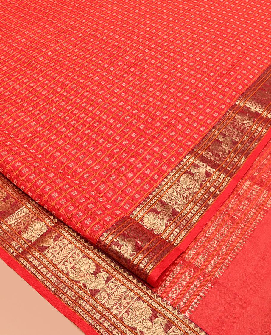 Red Buttas-Checks Kuppadam Silk Saree, a Semi-Contrast Traditional Peacock Border, Grand Pallu, a Matching Blouse