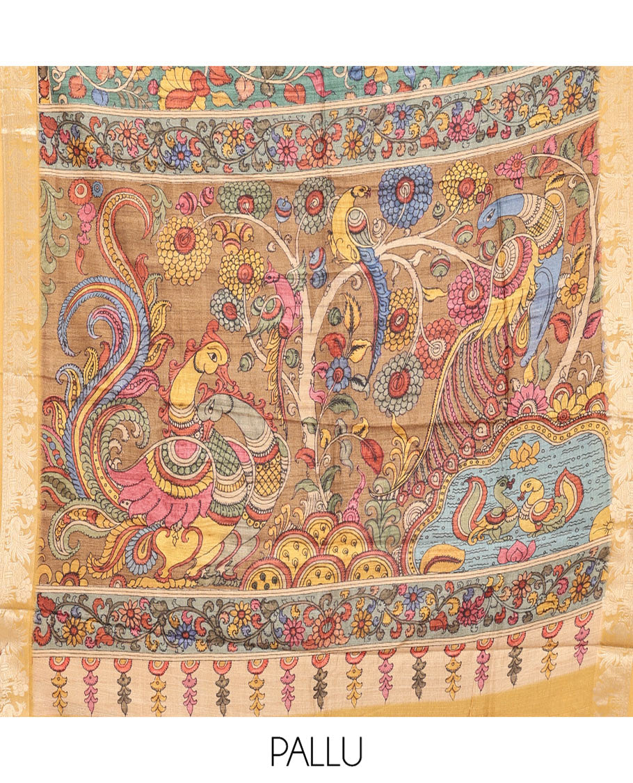 Green Kalamkari Saree, Beautified with Floral Vine Print, Complemented by Contrast Zari Border, Pallu of Flora-Fauna Print, and a Contrast Blouse