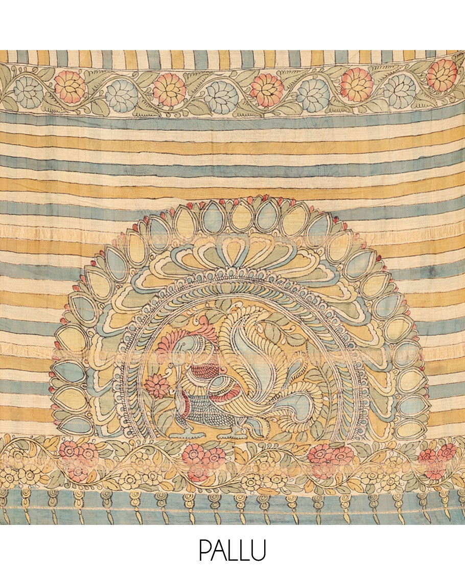 Blue-Sandal Peacock Pen Kalamkari Silk Saree, a Zari Border, Peacock Pallu, a Matching Blouse