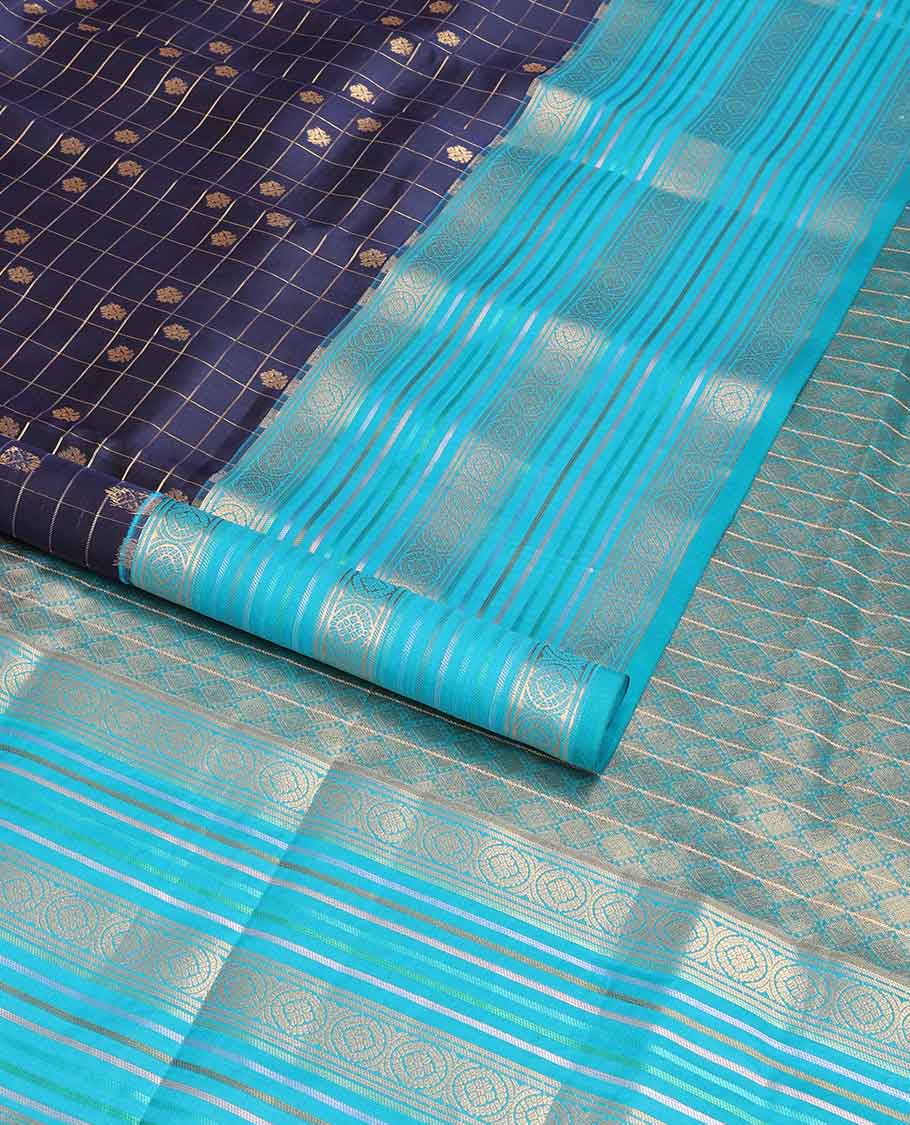 Violet checked, floral buttas vasundhara elite silk saree with contrast striped, floral zari design & argyle design pallu