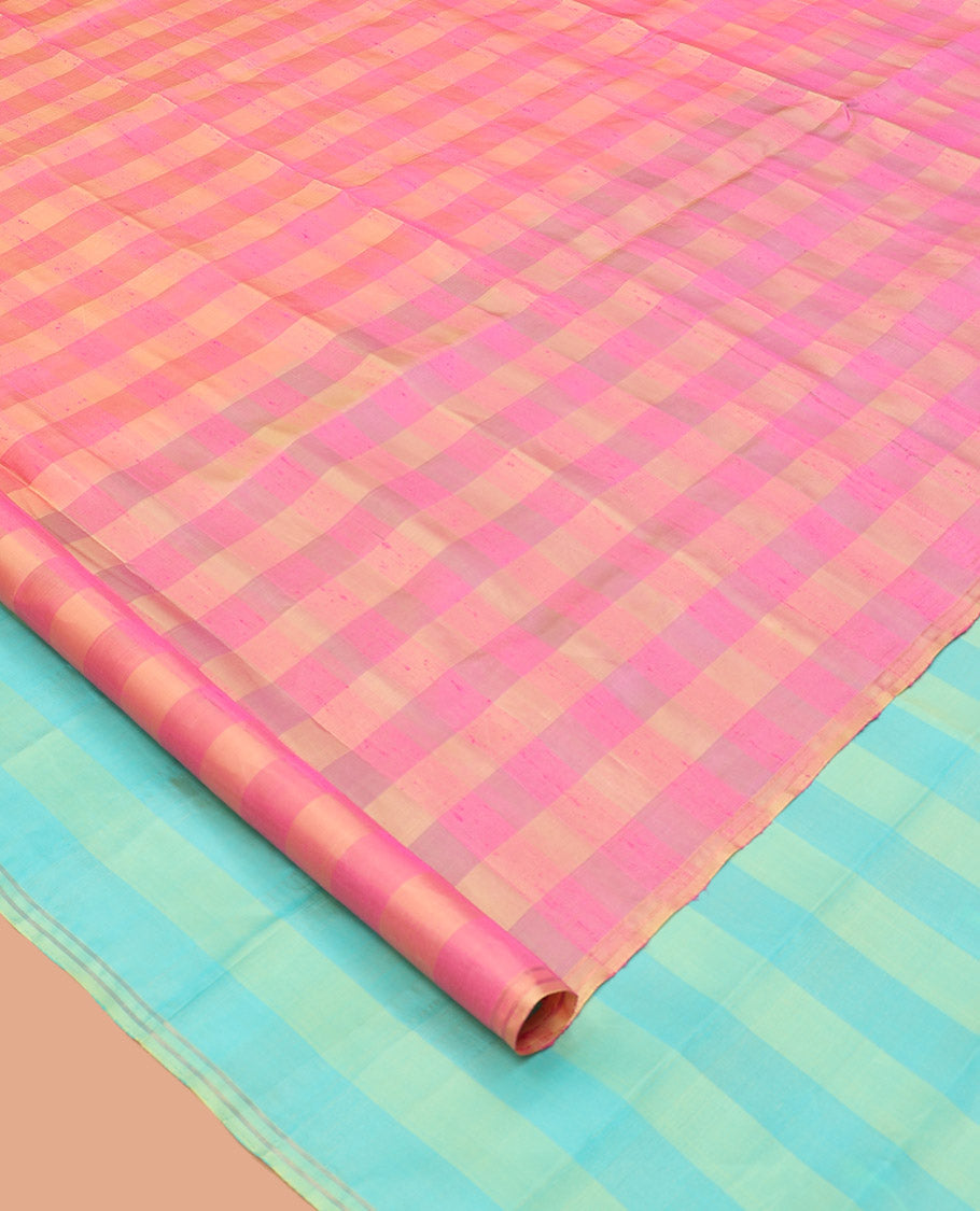 Borderless Pink Mayuri Soft Silk Saree, Adorned with Checked Designs on Its Body, Complemented by a Contrast Striped Pallu, and Paired with a Contrast Blouse